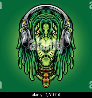 Funky Löwe hören Musik mit Unkraut Blatt Vektor-Illustrationen für Ihre Arbeit Logo, Merchandise-T-Shirt, Aufkleber und Label-Designs, Poster Stock Vektor