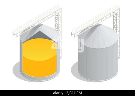 Isometrischer Abschnitt eines zylindrischen Getreidesilos für Infografiken. Export des Weizenhandels. Lagerung der Getreideernte Stock Vektor