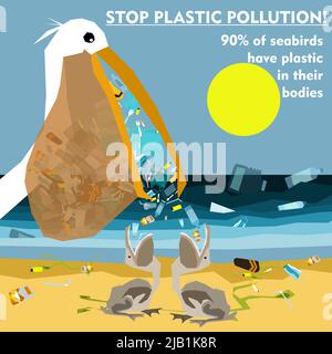 Weltmeertag, Weltumwelttag, Erdtag, Welt-Schifffahrtstag – Vektorgrafik. Stoppen Sie die Plastikverschmutzung. Halten Sie die Ozeane sauber. Selbstklebend Stock Vektor