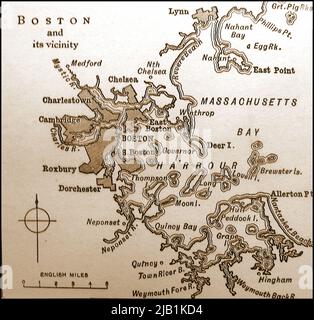 Eine Karte aus dem 19.. Jahrhundert von Boston und der Umgebung, USA, die die damaligen Namen zusammen mit Inseln, Flüssen und Entfernungen in englischen Meilen zeigt Stockfoto