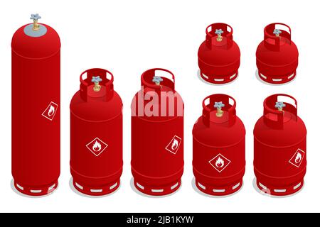 Isometrischer Satz Kochgasflaschen. Herstellung, Lieferung und Befüllung mit Erdgas aus treibgasflasche oder Treibgastank. Stock Vektor