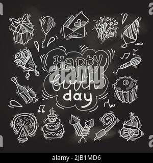 Happy birthday Party Feier Kreidetafel dekorative Elemente Set mit Geschenkbox Ballon Einladung Umschlag isoliert Vektor Illustration Stock Vektor