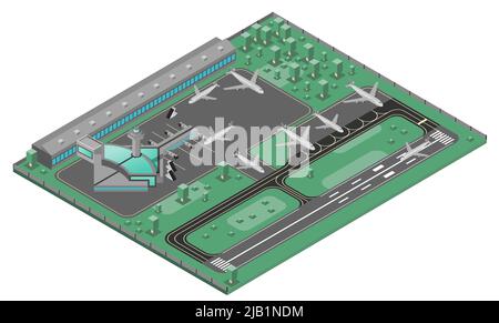 Flughafen isometrisches Konzept mit Flugzeuge Start- und Landebahn und Infrastruktur-Icons setzen Vektor-Illustration Stock Vektor