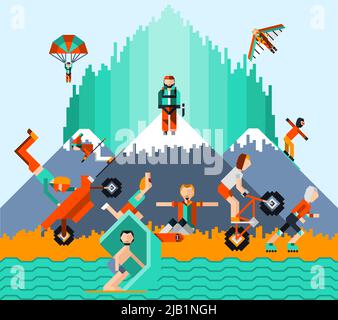 Extremsportkonzept mit Menschen Skaten Windsurfen Radfahren Fallschirm springen Vektor-Illustration Stock Vektor