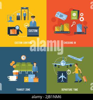 Flughafen-Symbole flach mit benutzerdefinierter Steuerung Check in Transit Zone Abflugzeit isoliert Vektor-Illustration Stock Vektor