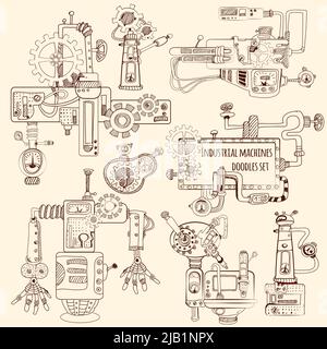 Industrielle Maschinen Motoren und Roboter Kritzeleien setzen isolierte Vektor-Illustration Stock Vektor