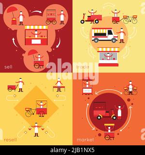 Street Fast Food flache Symbole mit Verkauf verkaufen Markt Handel isoliert Vektor-Illustration gesetzt Stock Vektor