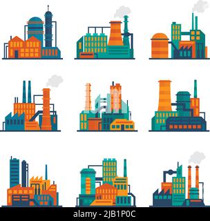 Industrielle Stadtbau Gebäude Fabriken und Pflanzen flache Symbole setzen isoliert Vektor-Illustration Stock Vektor