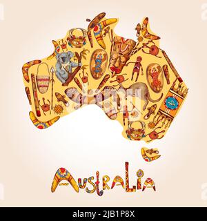Australien Ureinwohner Stammes ethnischen farbigen Skizzen Symbole in australischen Kontinent Form Vektor-Illustration Stock Vektor