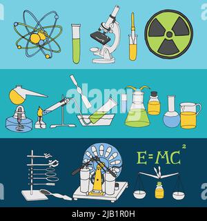 Wissenschaft Chemie und Physik wissenschaftliche Laborgeräte farbige Skizze Banner Satz isolierte Vektor-Illustration Stock Vektor