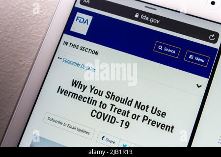 Kumamoto, JAPAN - Sep 13 2021 : „Warum Sie Ivermectin nicht zur Behandlung oder Vorbeugung von COVID-19 verwenden sollten“ auf der Website der US Food and Drug Administration (FDA) Stockfoto