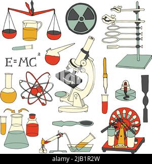 Wissenschaft Chemie und Physik Wissenschaftliche dekorative farbige Skizzen Symbole setzen isolierte Vektor-Illustration Stock Vektor