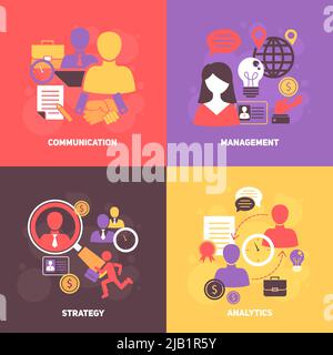 Vorstellungsgespräch flache Symbole mit Kommunikationsmanagement Strategie Analytics isoliert Vektor-Illustration gesetzt Stock Vektor