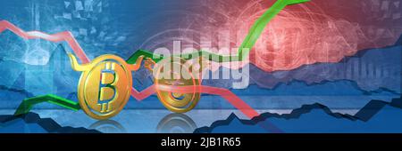 Bullische btc gestoppt durch bärische uah. Devisenmarkt 3D Illustration von Bitcoin zu ukrainischen Griwna. Währung als goldene Münzen dargestellt Stockfoto