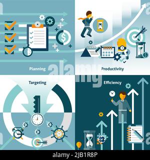 Flache Symbole für das Zeitmanagement mit Planungsproduktivität, die auf Effizienz abzielen, isolierte Vektordarstellung Stock Vektor