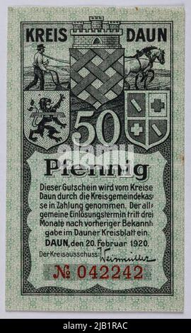 Ersatzgutschein BEI 50 Pfennig, Kreis, Daun, Deutschland, Februar 20, 1920. Carl sperrt und schüttelt, Lücken Stockfoto