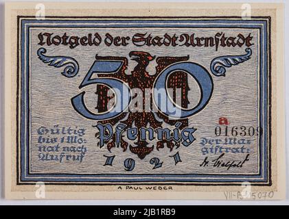 Ersatzgutschein für 50 Pfennig, Stadt, Arnstadt, Deutschland, 1921. Weber, Andreas Paul (1893 1980) Stockfoto