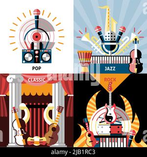 Musikinstrumente flache Symbole mit Pop Jazz klassische Rock isoliert Vektor-Illustration gesetzt. Stock Vektor