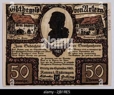 Ersatzgutschein BEI 50 Pfennig, Stadt, artern, Deutschland, 1921 Sylvester 1921. Adolf Wrong, Leipzig Stockfoto