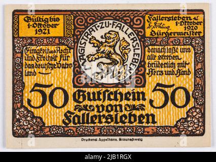 Ersatzgutschein für 50 Pfennig, Stadt, Fallersleben, Deutschland, Oktober 1., 20120 10,1921. Appelhans Druckerei, Braunschweig Stockfoto