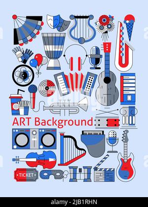 Art Flat Line Set mit Musikinstrumenten Theaterkarten und Dekorationsvektor Illustration. Stock Vektor
