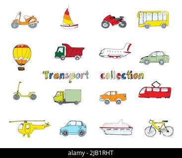 Transport Doodle farbige dekorative Symbole Set mit Motorrad Yacht Fahrrad Bus isoliert Vektor Illustration Stock Vektor
