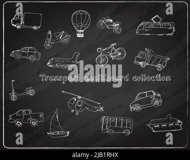 Transport Doodle Kreidetafel dekorative Symbole mit LKW-Ballon Fahrrad Straßenbahn isoliert Vektor-Illustration gesetzt Stock Vektor