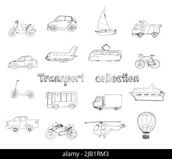 Transport Doodle Set mit Motorrad Auto Yacht LKW isoliert Vektor Illustration Stock Vektor