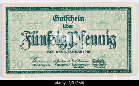 Ersatzgutschein für 50 Pfennig, Stadt, Kiel, Deutschland, 1.01.1918. Stockfoto
