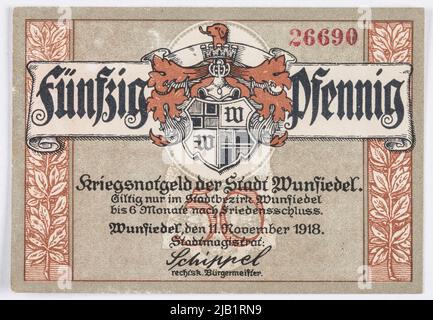 Ersatzgutschein für 50 Pfennig, Stadt, Wunsydel, Deutschland, 11.11.1918. Stockfoto