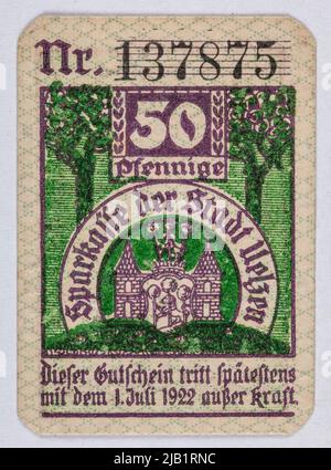 Ersatzgutschein für 50 Pfennig, Stadt, Uelzen, Deutschland, B.R. (1921) 1.07.1922 Stockfoto