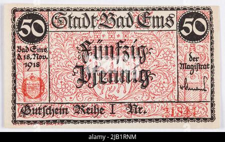Ersatzgutschein bei 50 PFENNIG, Stadt, Bad EMS, Deutschland, 18.11.1918 W.D. 31.12.1919 H. Chr. Sommer, Bad Ems Stockfoto