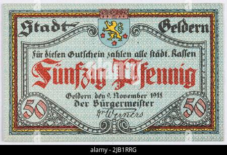 Ersatzgutschein für 50 Pfennig, Stadt, Geldern, Deutschland, November 9, 1918. Burgly. Parcus Munny Stockfoto