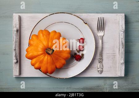 Leuchtend orangefarbener Kürbis und trockene Hagebutten auf einem Vintage-Teller und Provence-Tablett. Stillleben im Herbst Stockfoto