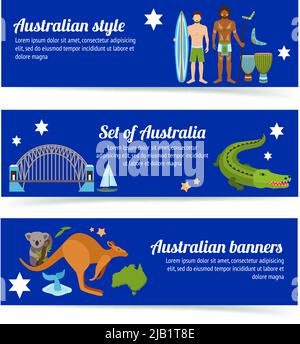 Horizontales Banner für Australien mit isolierten Vektorgrafiken für Touristen und Reisende Stock Vektor