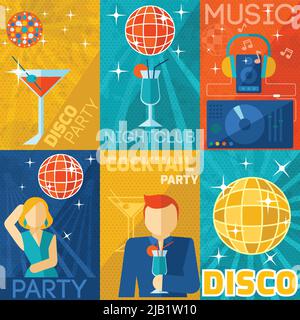 Nachtclub Poster Mini-Set mit Disco Cocktail Party Musik isoliert Vektor-Illustration Stock Vektor
