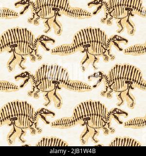 Braun handgezeichnete Spinosaurus fossile Knochen Dinosaurier nahtloses Muster. Geschlechtsspezifische neutrale jurassische Silhouette für die Babykrippe. Home Dekor für Museum Stockfoto