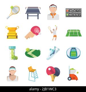 Tennis Sport Spiel Symbole mit Trophäe Court Spieler isoliert Vektor-Illustration gesetzt Stock Vektor