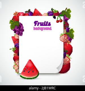Blatt Papier dekoriert roten und lila Früchte mit grünen Blättern auf weißem Hintergrund Vektor-Illustration Stock Vektor