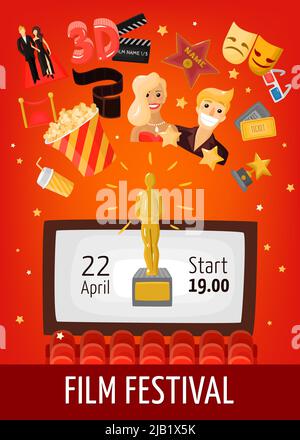 Filmplakat mit Startdatum Informationsleinwand im Auditorium und Kino dekorative Symbole flache Vektor-Illustration Stock Vektor