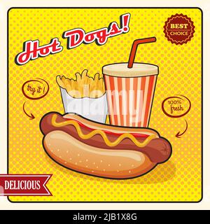 Hot Dogs Comic-Stil Poster mit Getränk und Pommes Frites Kartoffel auf gelben Pop-Art Hintergrund Vektorgrafik Stock Vektor