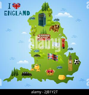 Reisekarte für england mit britischen Wahrzeichen und Symbolen, einschließlich Transport, Essen auf blauem Hintergrund, Vektorgrafik Stock Vektor
