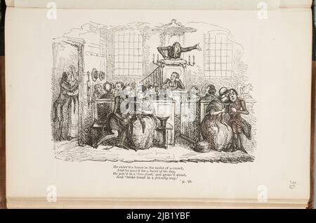 Er kam in ein Haus mitten in einer Menschenmenge, und er ging an einen Heiligen eines Tages, Er gesellte sich zu einem Liebesfest und stöhnte laut und brach das Brot auf freundliche Weise Ilustracja do poematu : DER WAHRE TEUFEL S WALK w: FACETIAE: ALS EINE ALLGEMEINE Sammlung des Jeux d’Esprit WURDEN WCHICH VON ROBERT CRUIKSHANK IN ZWEI BÄNDEN ILLUSTRIERT. VOL. II MIT FAST SECHZIG GRAVUREN. .LONDON WILLIAM KIDD, 6, ALTE ANLEIHE STRET.MDCCCXXXI. Byfield, I., Cruikshank, Isaac Robert (1789 1856) Stockfoto
