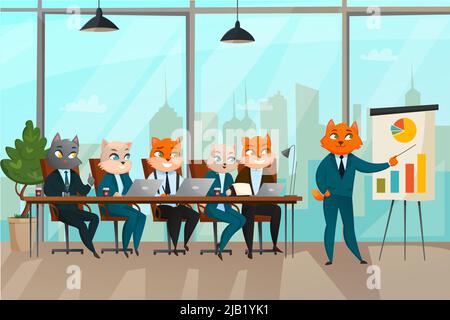 Aufbau der Präsentation von Geschäftskatzen mit Vektordarstellung „Treffen im Konferenzraum abhalten“ Stock Vektor