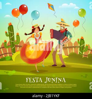 Festa Junina malerische Vektor-Illustration im Cartoon-Stil mit lateinischen Paar in nationalen Kostümen tanzen auf rustikalem Hintergrund Stock Vektor