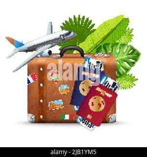 Tropische Urlaubsreise realistische Zusammensetzung mit Flugzeug Bordkarte Retro braun Lederkoffer und Palmblätter Vektor-Illustration Stock Vektor