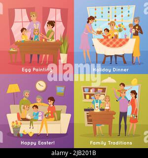 Familie ostern Traditionen 4 flache Ikonen Konzept quadratische Komposition mit Ei Malerei und Abendessen isoliert Vektor-Illustrationen Stock Vektor