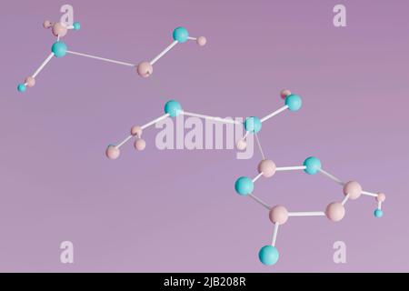 Grünes und pinkes Molekülmodell auf violettem Hintergrund. 3D Abbildung Stockfoto