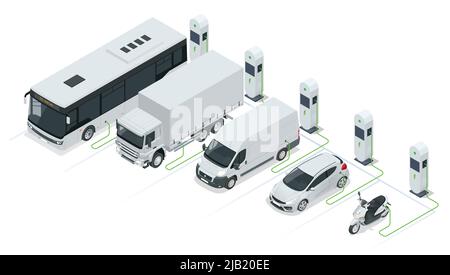 Isometrisches Kfz-Ladegerät. Elektromobile Ladestation. Auto, Bus, LKW, van, Motorrad, Erneuerbare Solarenergie im Netz. Stock Vektor