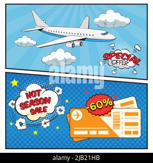 Saisonverkauf von Flugtickets Comic-Stil Banner mit Wolken Flugzeug und Bordkarten isoliert Vektor-Illustration Stock Vektor